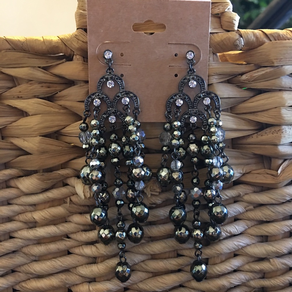 Gunmetal bead rhinestone chandelier earrings